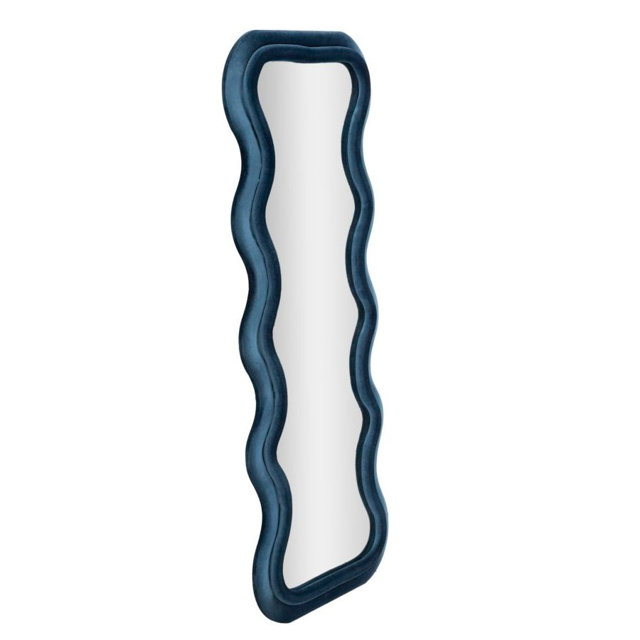 Specchio da Parete Emily in Velluto Blu 60x160 cm con Cornice Ondulata