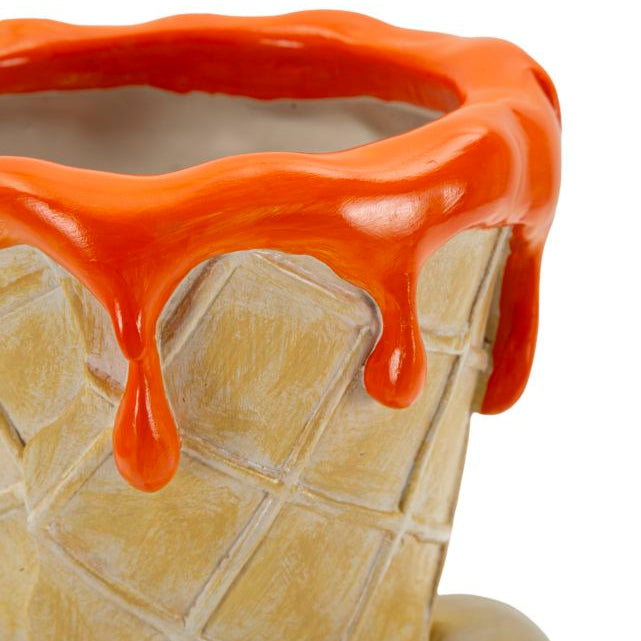 Vaso Cono Portafiori con Mano Dorata e Glassa Arancio 26 cm in Poliresina