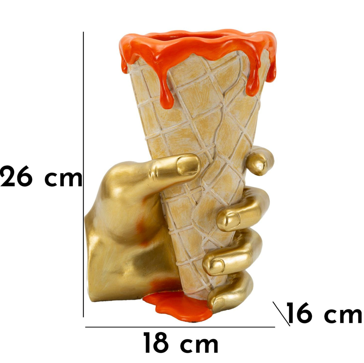 Vaso Cono Portafiori con Mano Dorata e Glassa Arancio 26 cm in Poliresina