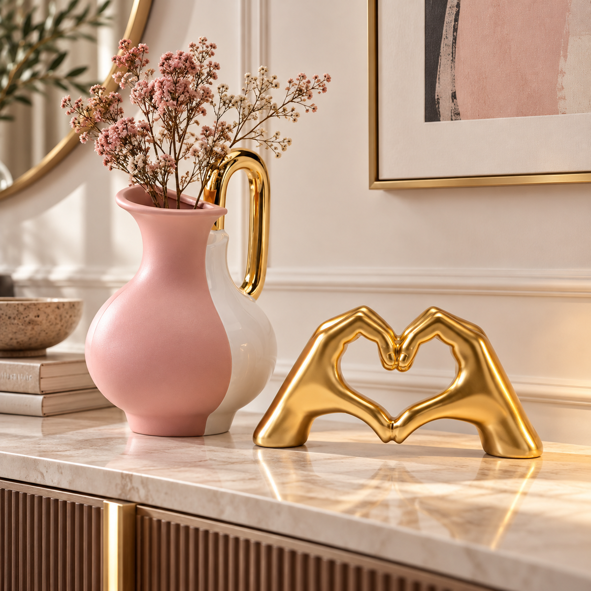 Set Decorativo Heart Hands Oro & Vaso Stage Rosa H18 cm