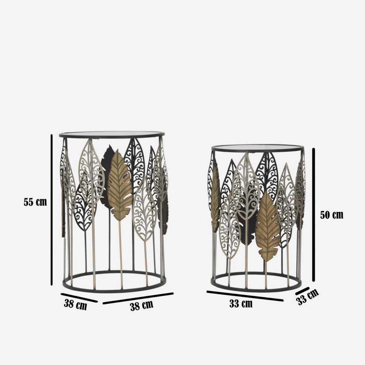 Coppia Tavolini Foglie Coppia in Ferro, MDF e Vetro 38x55 e 33x50 cm