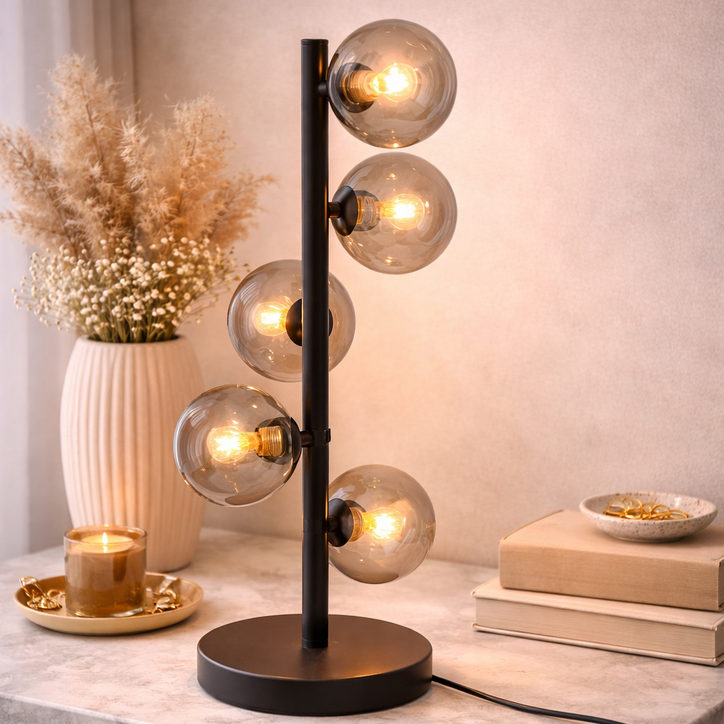 Lampada da Tavolo Moderna Scala Balls Nero con Sfere in Vetro Fumé 5 Luci