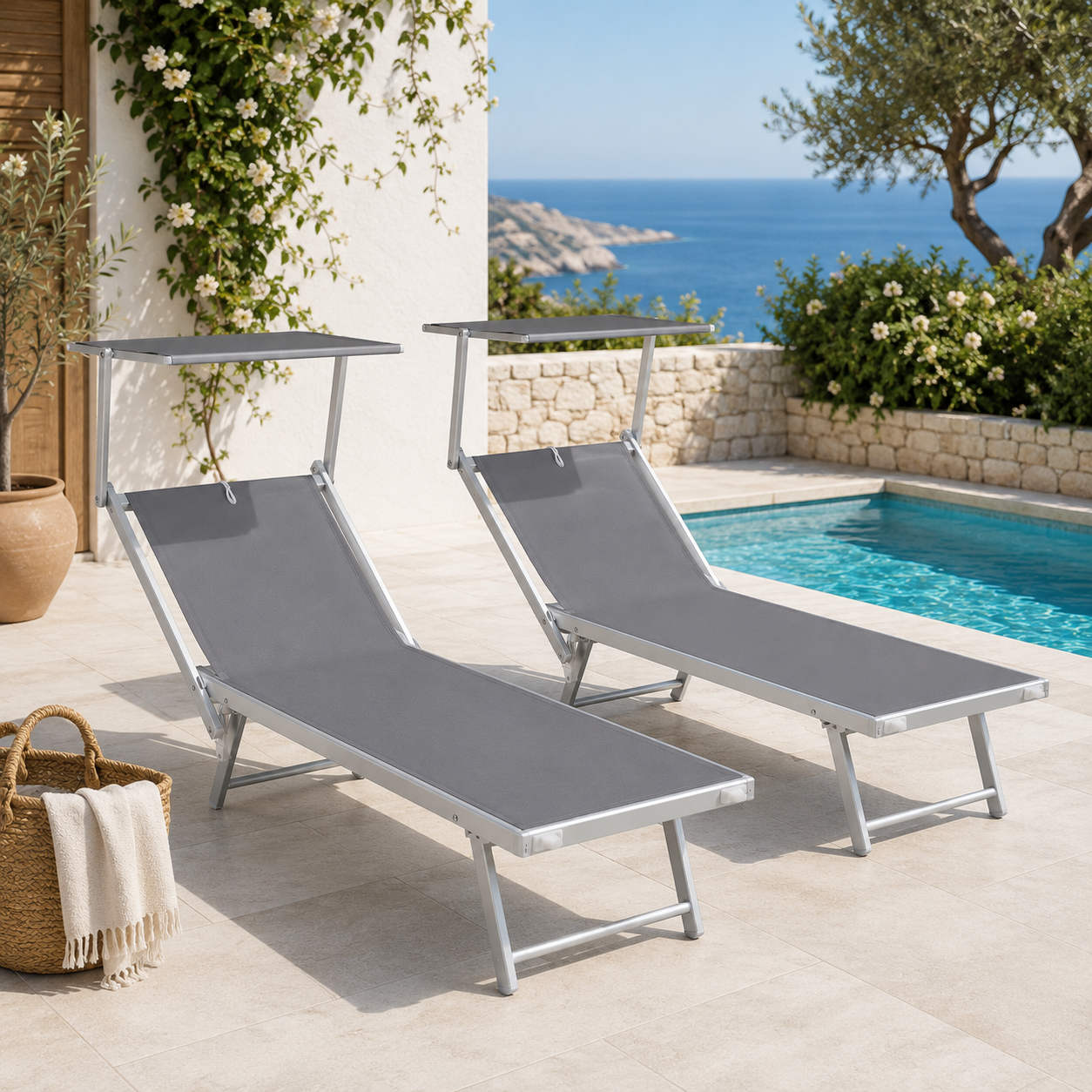 Lettino Prendisole Playa in Alluminio con Parasole Grigio Set 2 Pezzi 186x70 cm