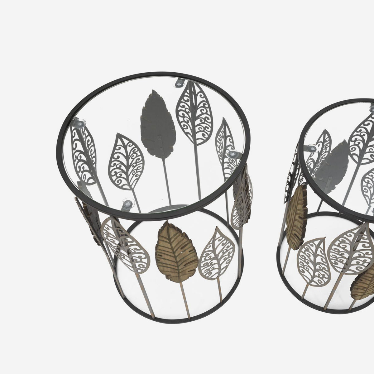 Coppia Tavolini Foglie Coppia in Ferro, MDF e Vetro 38x55 e 33x50 cm