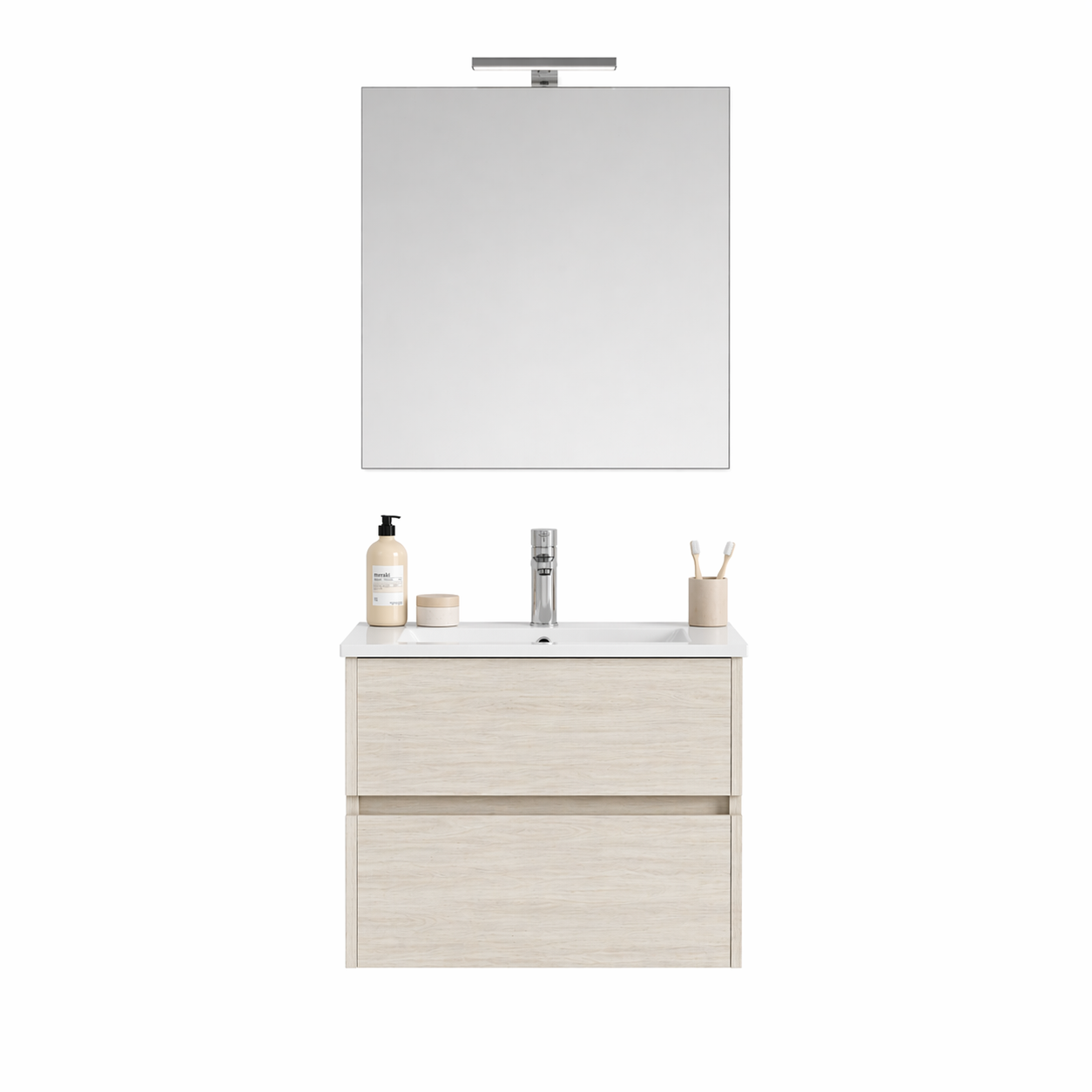 Mobile Bagno Sospeso Easy 2 Cassetti 60 cm Rovere Ghiaccio con Specchio e LED