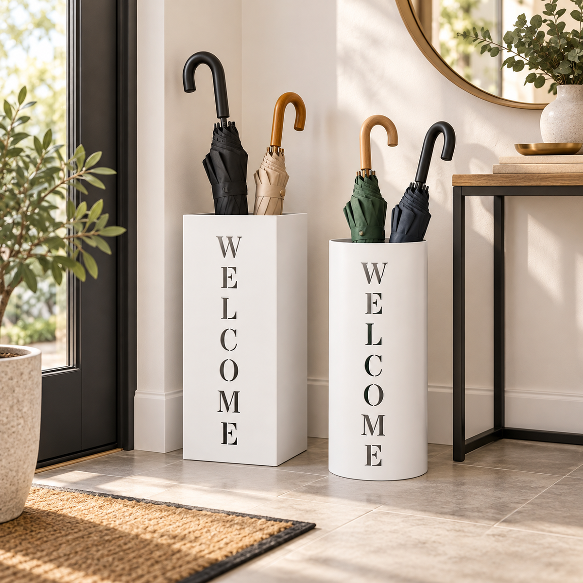Set 2 Portaombrelli Dyrin Welcome Bianco H52 cm in Acciaio con Vaschetta Scolapioggia