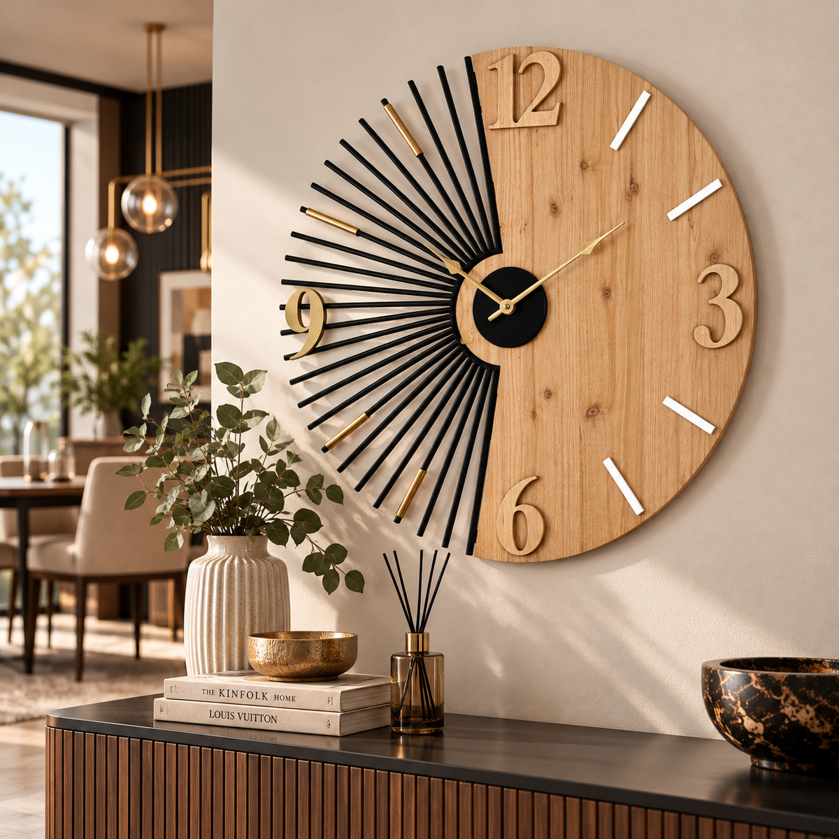 Orologio da Parete Wordy Ø60 cm in Legno e Metallo Design Raggi di Sole