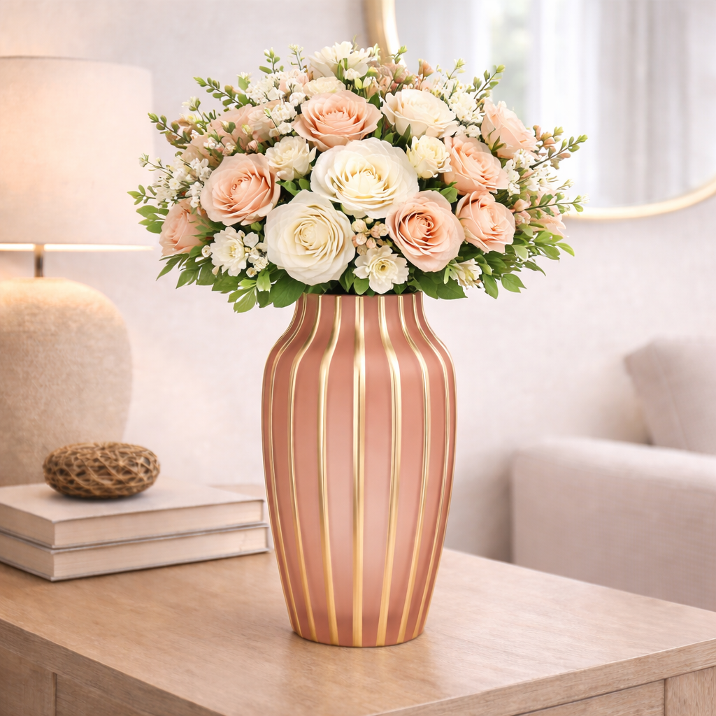 Vaso Rosa Cipria con Dettagli Righe Oro In Vetro 15x30cm