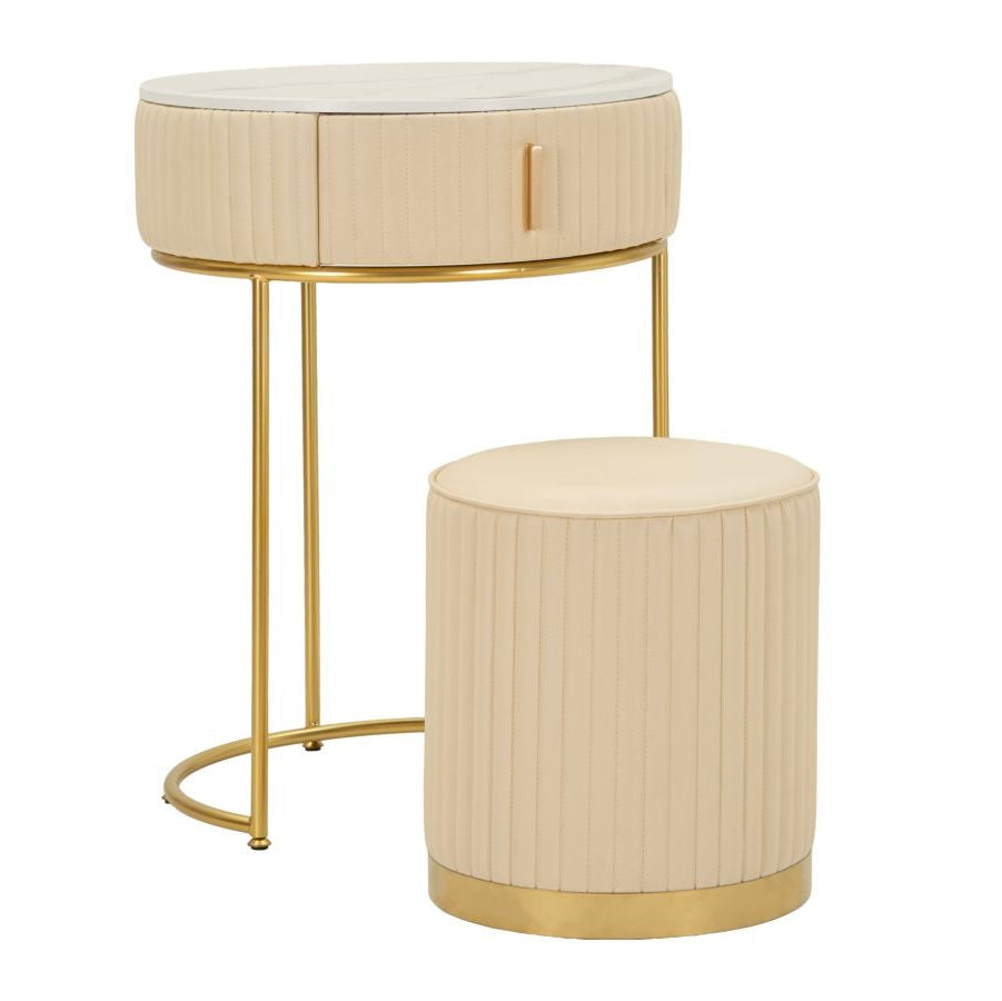 Comodino Toeletta Pok con Pouf Ø52x70 cm Beige e Oro