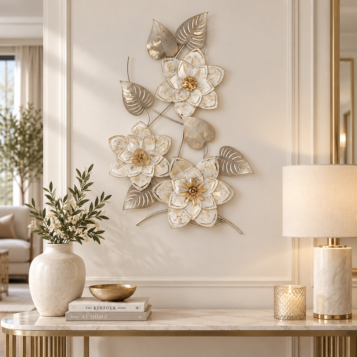 Pannello Decorativo da Parete Artic in Ferro 3D 39 x 67,5 cm con Fiori e Foglie