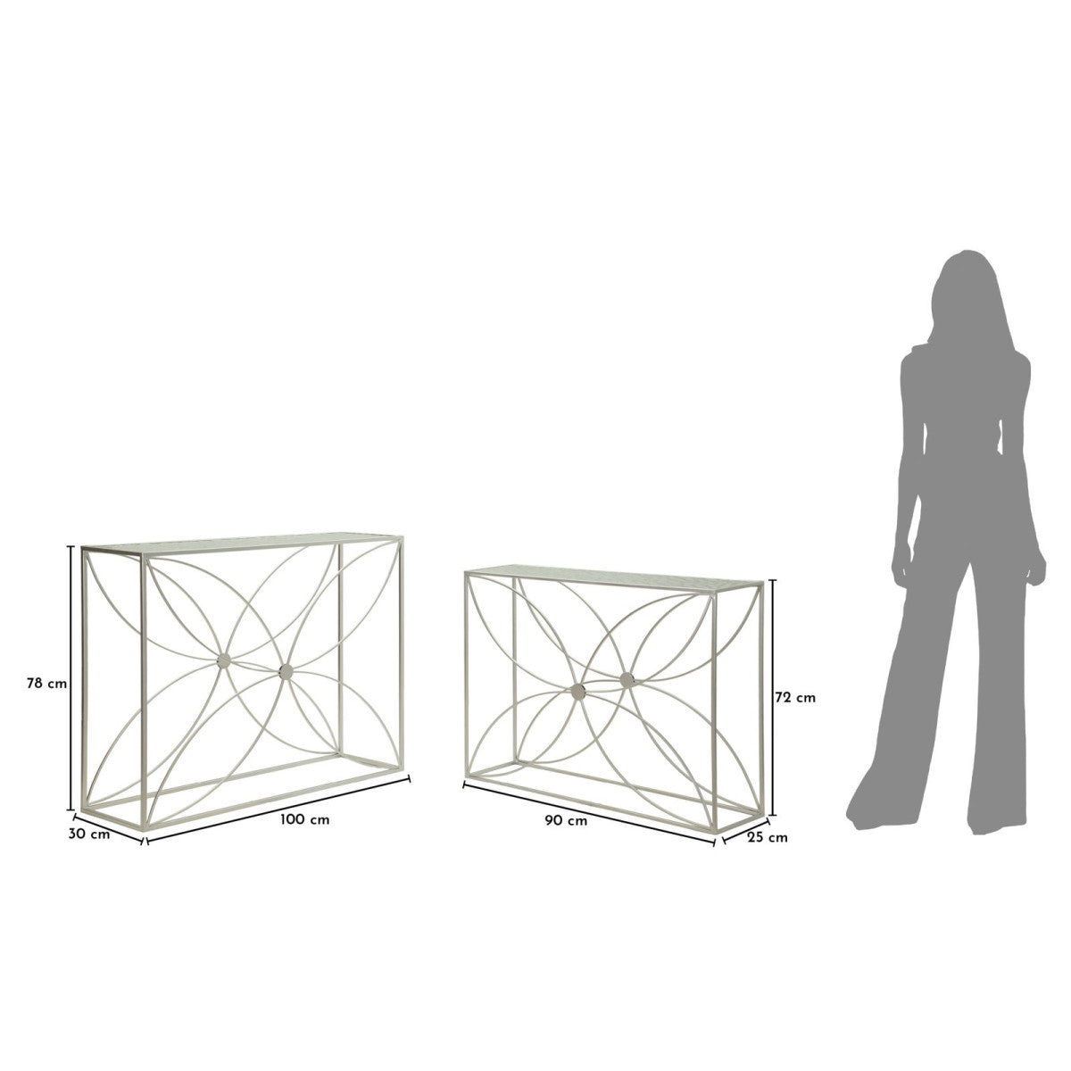 Set 2 Console Paradise Argento in Metallo e Vetro 100x30x78 cm e 90x25x72 cm