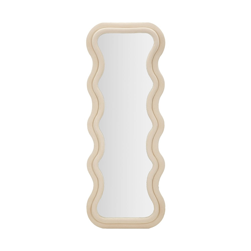 Specchio da Parete Emily in Velluto Crema 60x160 cm con Cornice Ondulata