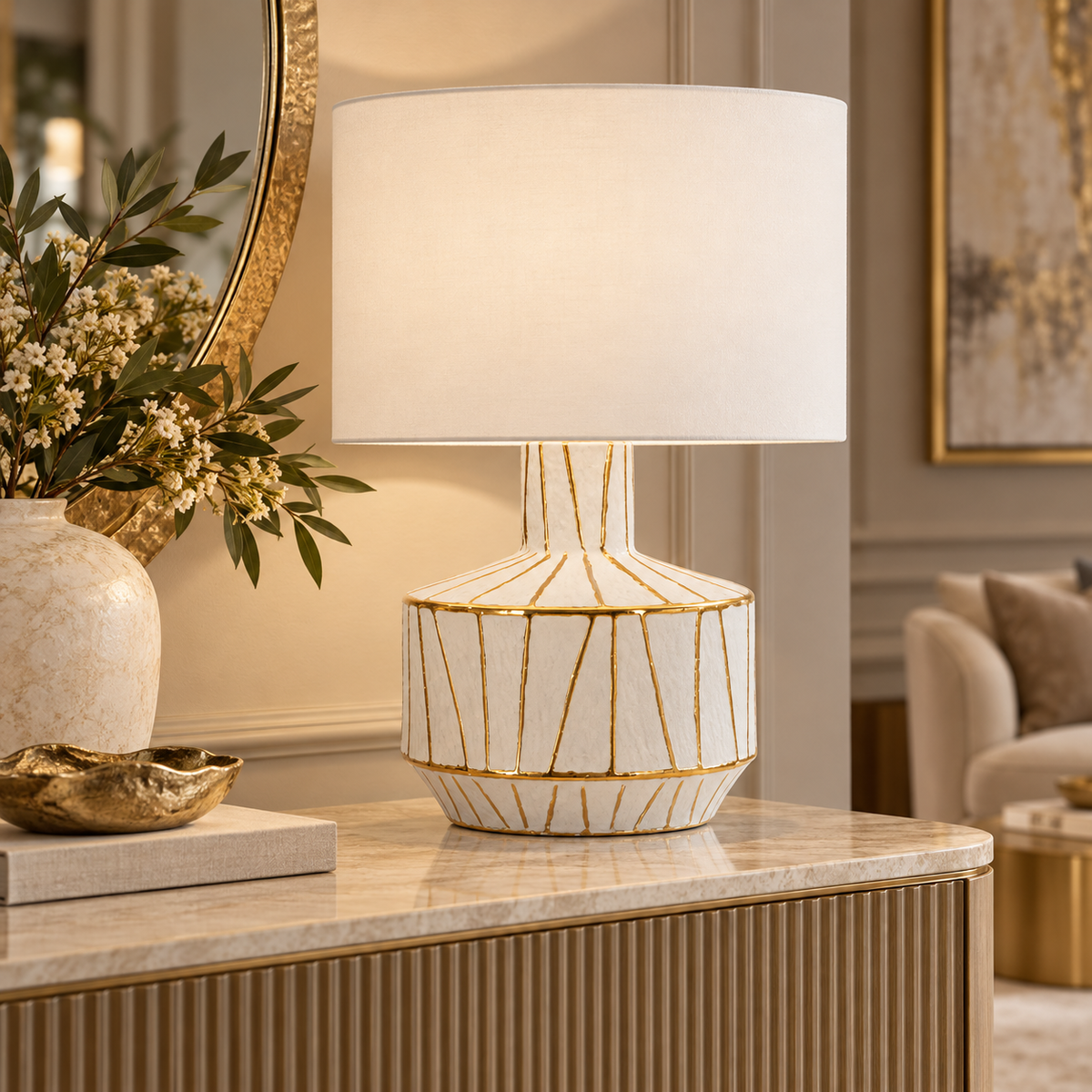 Lampada da Tavolo Tangeri Ø40x60 cm in Ceramica Bianca e Oro