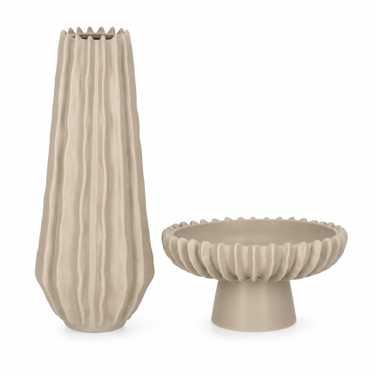 Set Eldar Beige Vaso Alto E Alzata Decorativa