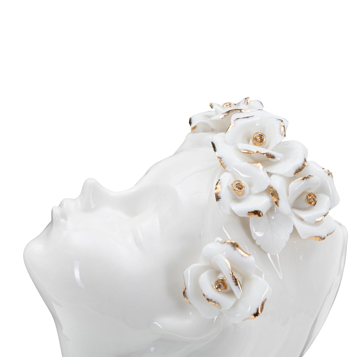 Vaso Decorativo Volto Donna in Porcellana Bianca H26 cm con Fiori e Dettagli Oro