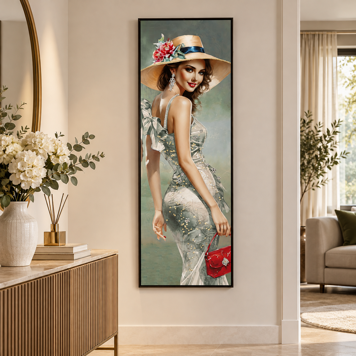 Dipinto su Tela Donna Elegante 52x4,5x152 cm con Cornice Nera