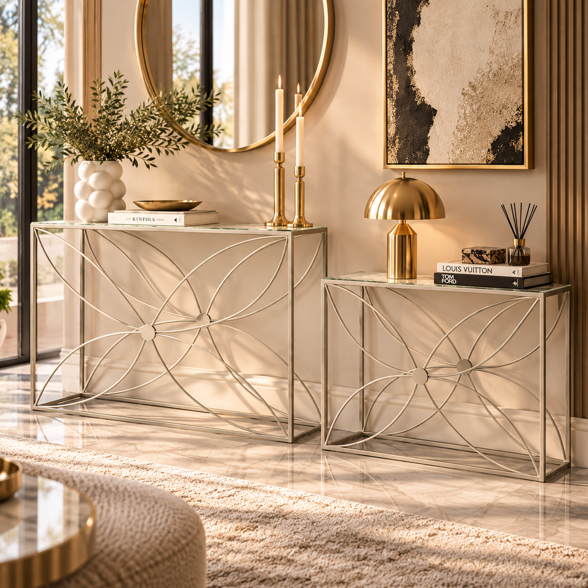 Set 2 Console Paradise Argento in Metallo e Vetro 100x30x78 cm e 90x25x72 cm