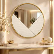 Specchio da Parete Rotondo Ø80 cm Crema e Oro Ecopelle Trapuntata