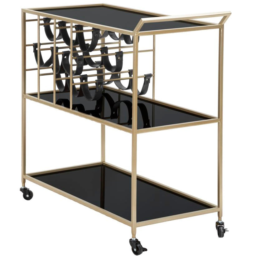 Carrello Black String Oro e Nero 79x39,5x82 cm Portabottiglie con 3 Ripiani e Ruote