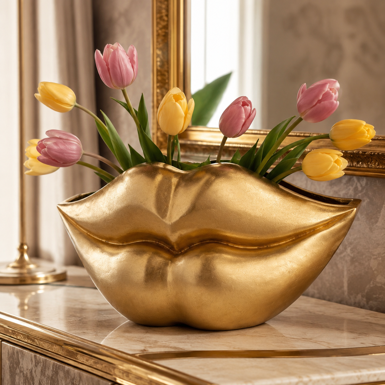Vaso Decorativo Labbra Oro 30x56x27 cm in Poliresina