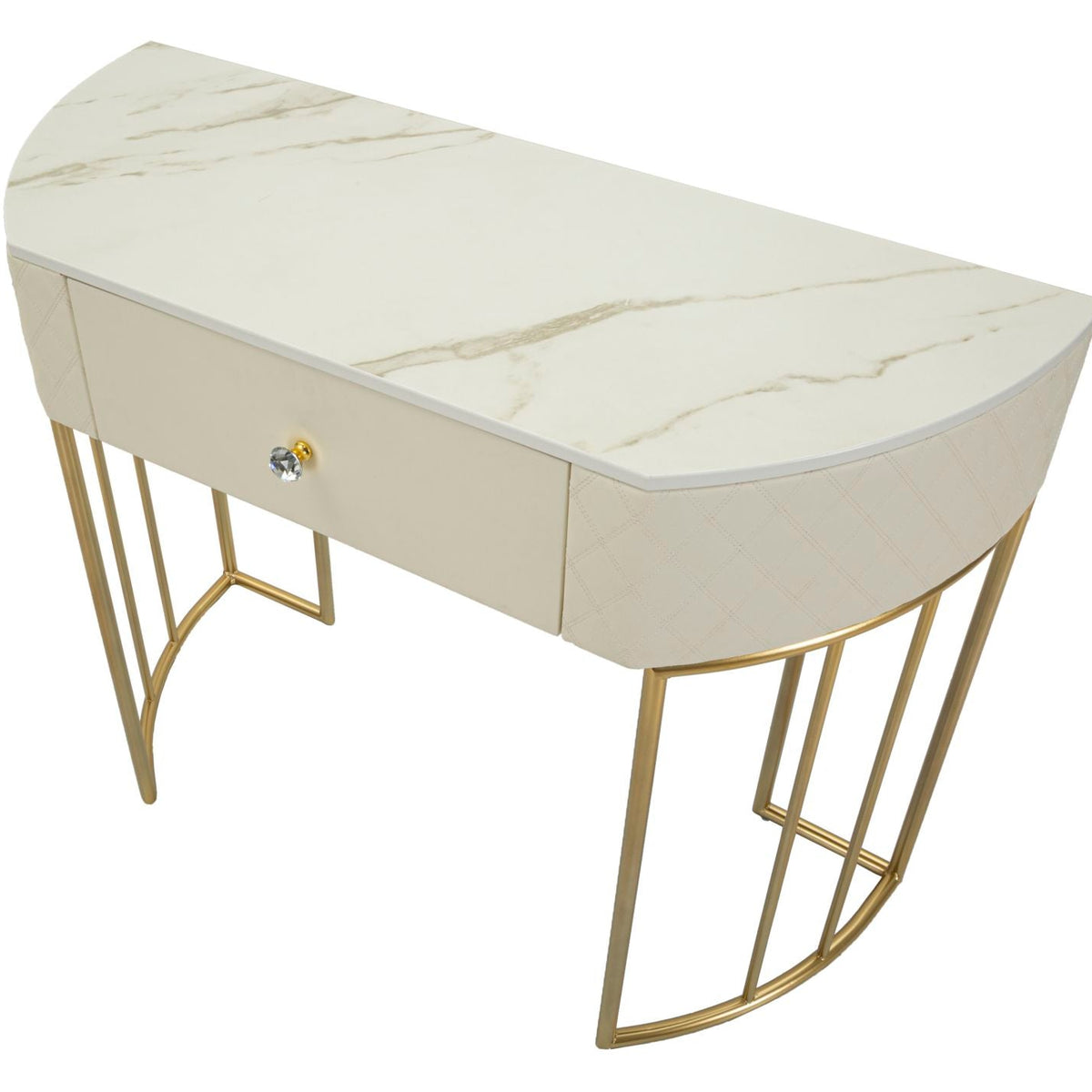 Consolle Sharon 100x40x75 cm Simil Pelle Bianca Trapuntata e Struttura Oro