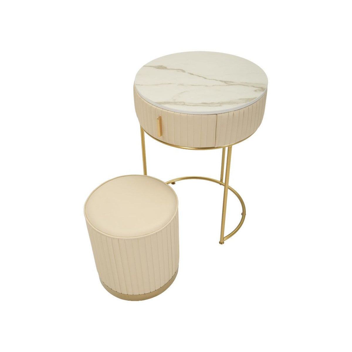 Comodino Toeletta Pok con Pouf Ø52x70 cm Beige e Oro