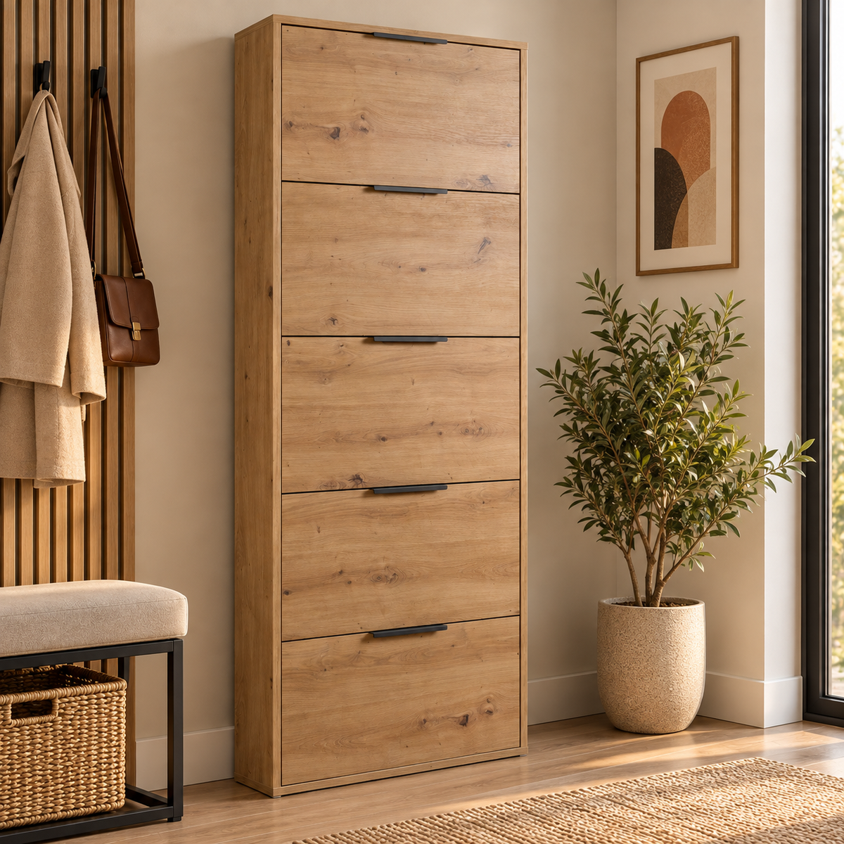 Scarpiera Slim 5 Ribalte 65x15xH174 cm – Bianco e Rovere Artisan