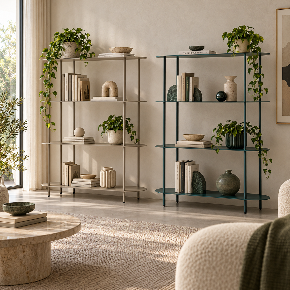 Libreria Saturno 118x31x139 cm in Metallo Tortora e Ottanio
