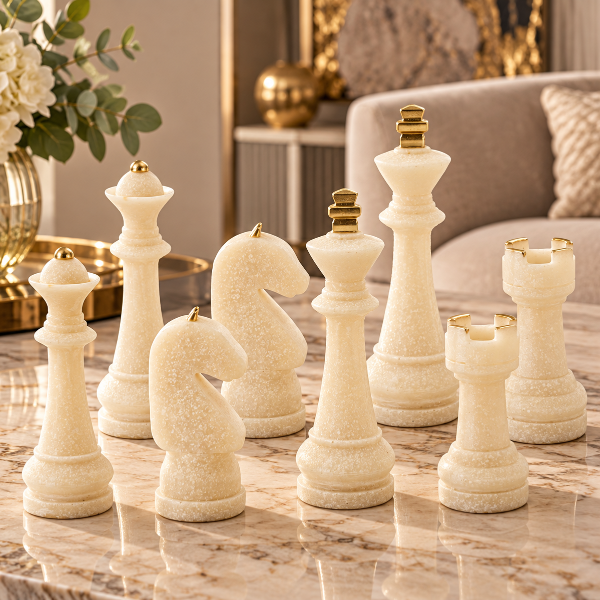 Set Scacchi Quarzy 8 Pezzi Bianco e Oro in Poliresina Statuette Decorative