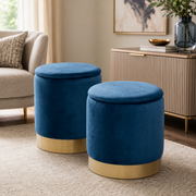 Set 2 Sgabelli Pouf Contenitore Cherry Storage Blu con Dettagli Ottone