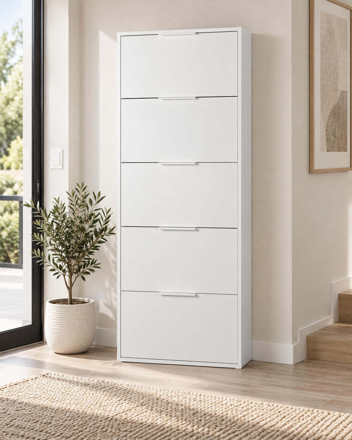 Scarpiera Slim 5 Ribalte 65x15xH174 cm – Bianco e Rovere Artisan