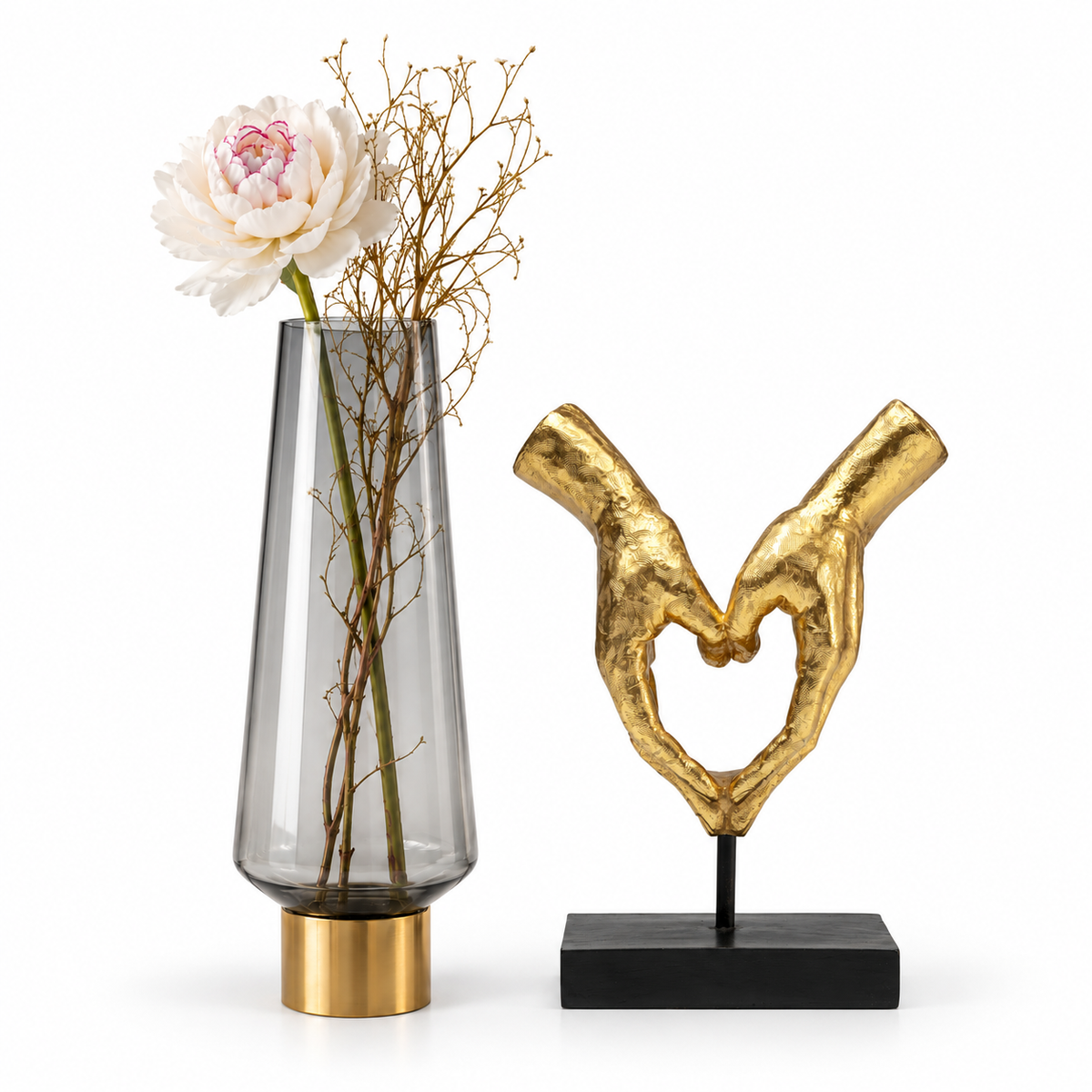 Set Decorativo Heart Hands Oro 33 cm & Vaso Noble Ring Grigio H40 cm