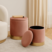 Set 2 Sgabelli Pouf Contenitore Cherry Storage Rosa con Dettagli Ottone