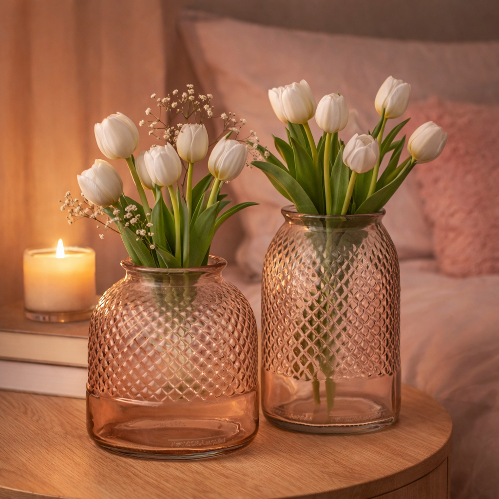 Vaso Decorativo in Vetro Rosa con Texture Avril