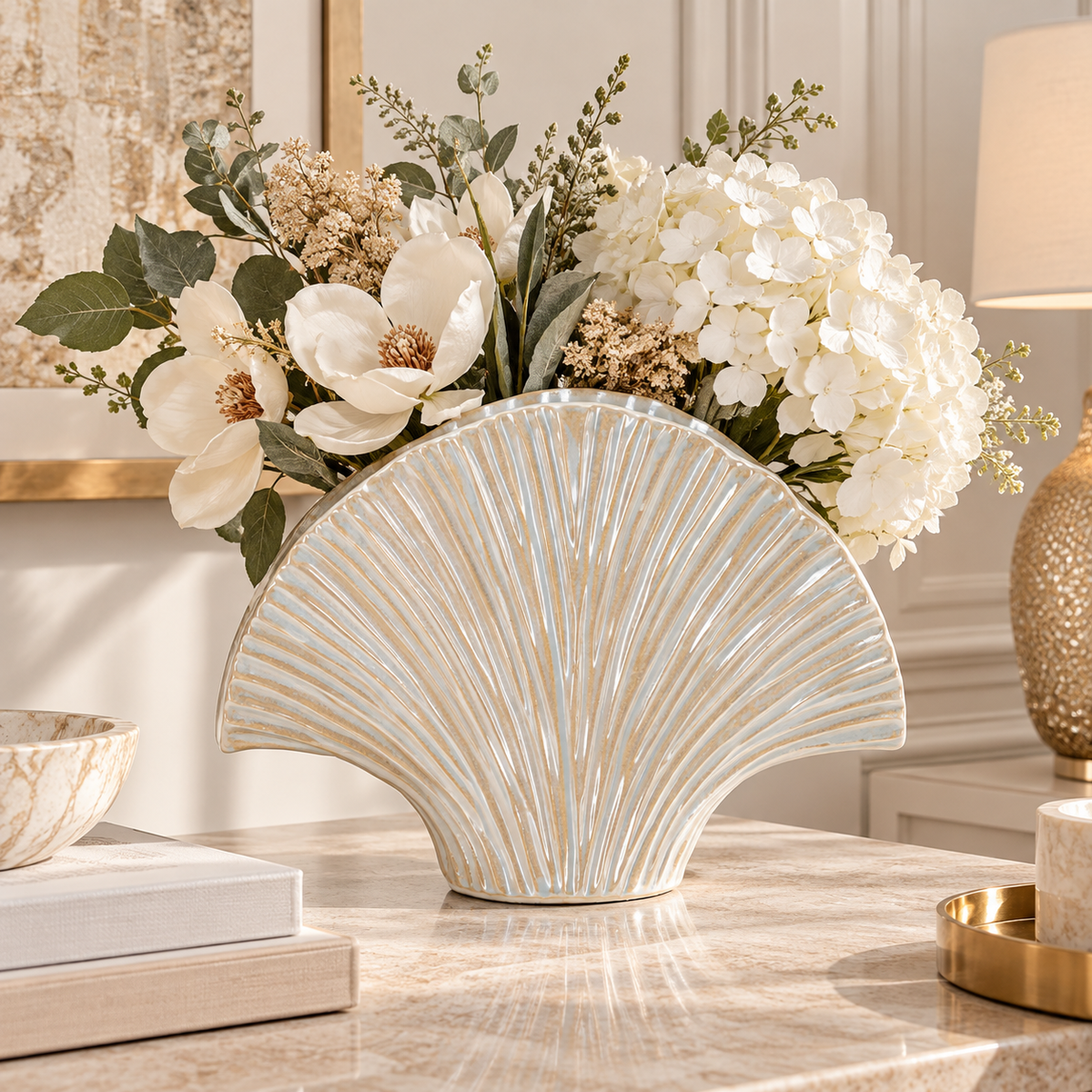 Vaso Decorativo Perly Perlato 27x8x19 cm Design a Ventaglio Elegante