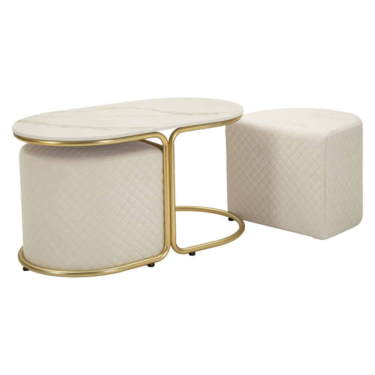 Tavolino da Caffè Relax 79x45x44 cm con 2 Pouf Beige e Oro