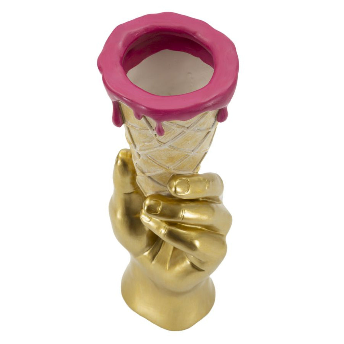 Vaso Decorativo Mano con Cono Gelato in Poliresina Oro e Rosa 31 cm