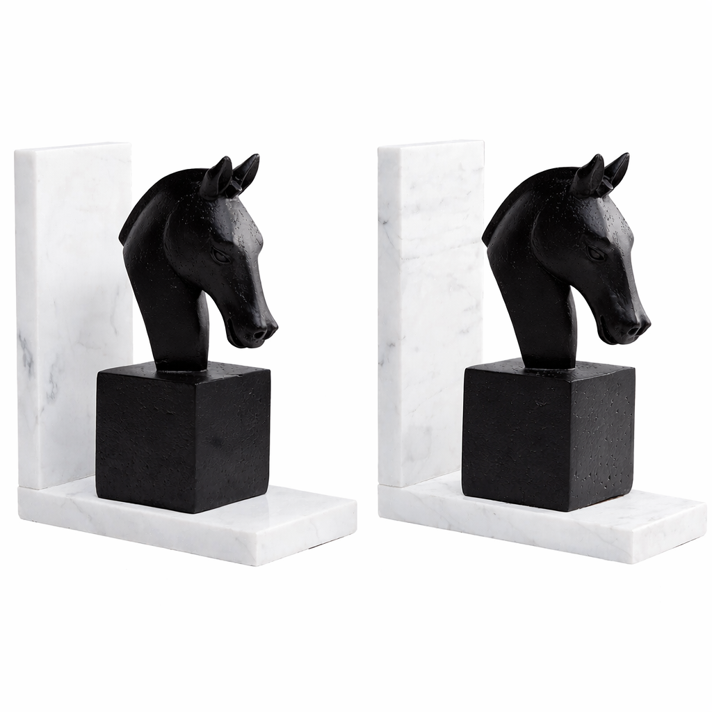 Fermalibri Testa di Cavallo Neri Set da 2 pezzi Base in Marmo Bianco