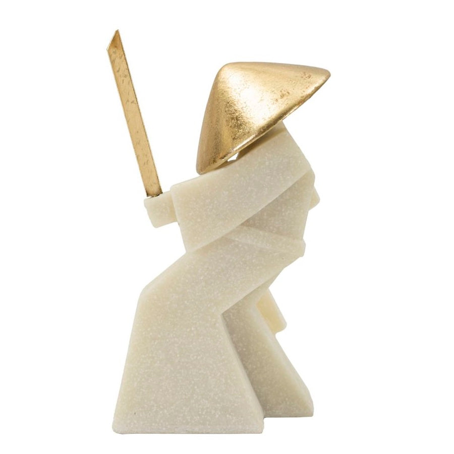 Scultura Samurai Toku Quarzy B Bianca e Oro 24,5 cm in Poliresina e Metallo