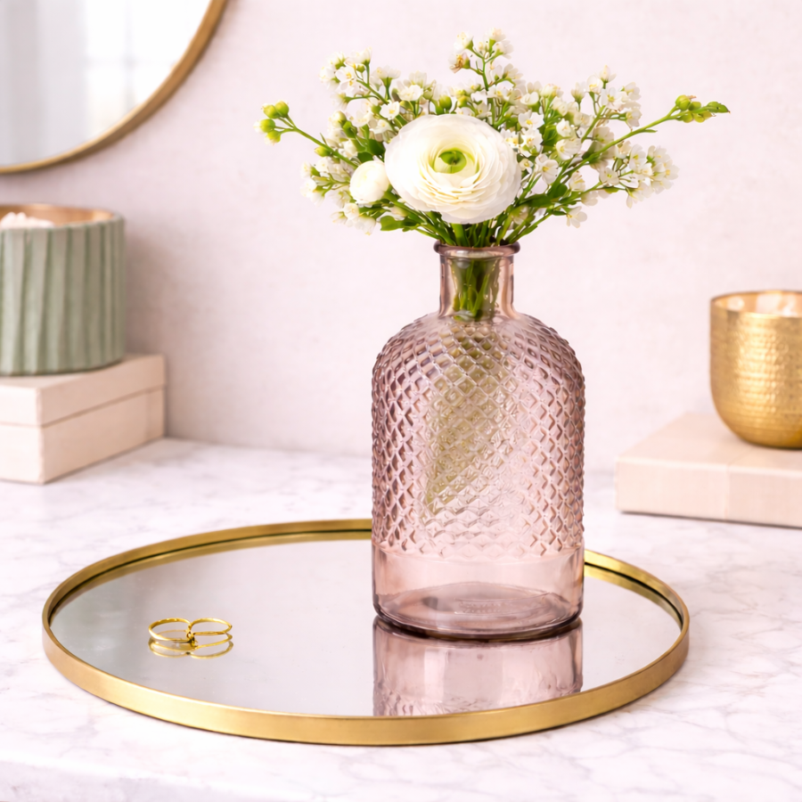 Bottiglia Vaso Decorativa in Vetro Rosa con Texture Avril H28cm