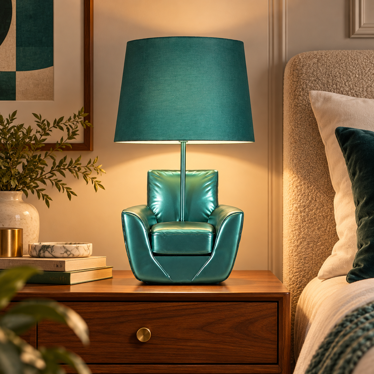 Lampada da Comodino Midcentury Turchese Ø26x43 cm con Base a Poltrona