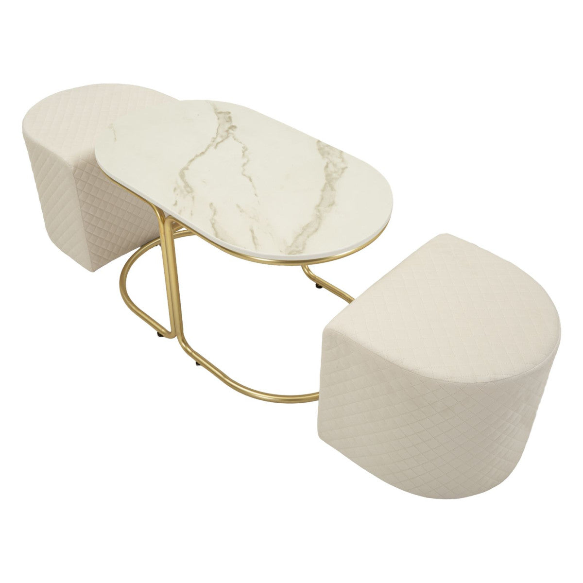Tavolino da Caffè Relax 79x45x44 cm con 2 Pouf Beige e Oro
