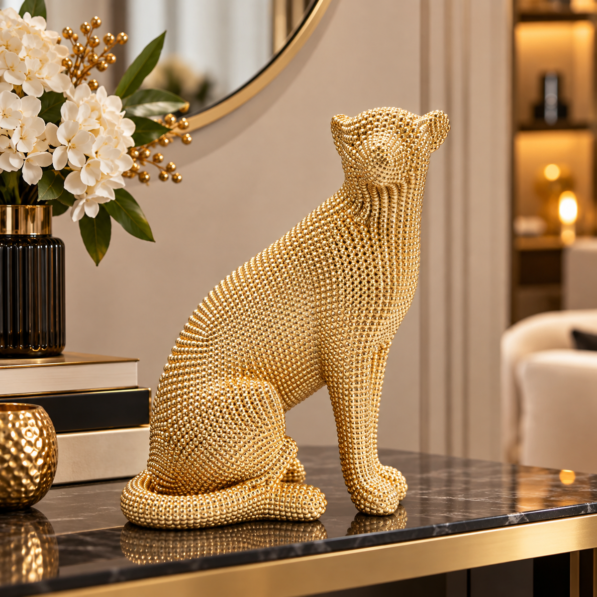 Statua Statuina Leopardo Gold Decorativa 23x15,5x29 cm in Resina Dorata