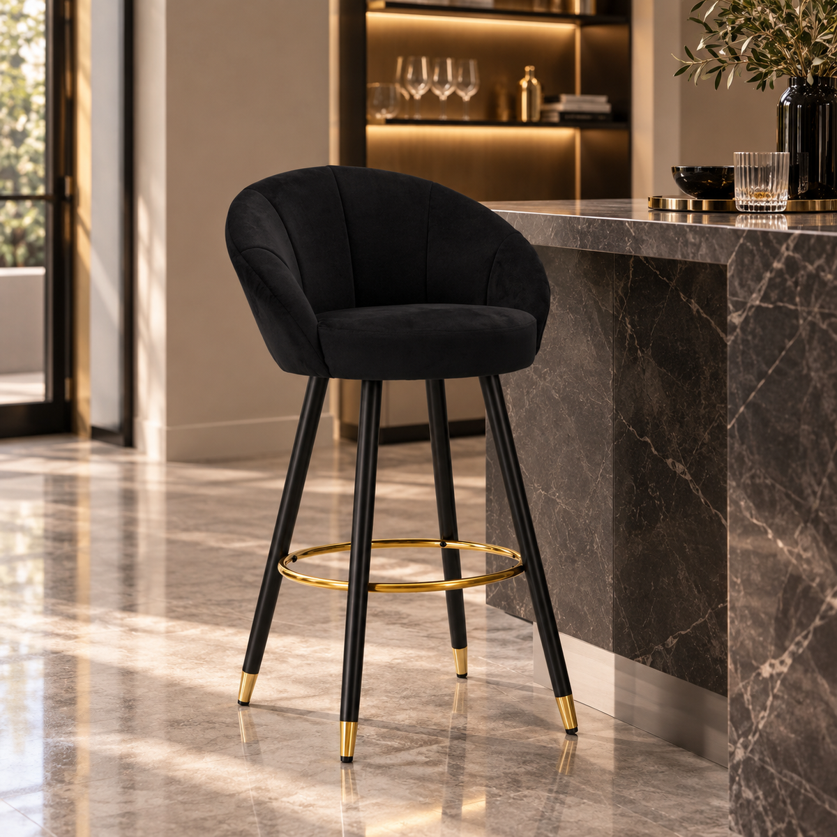 Sgabello Bar Prague Nero in Velluto 104 cm con Gambe Nere e Dettagli Oro