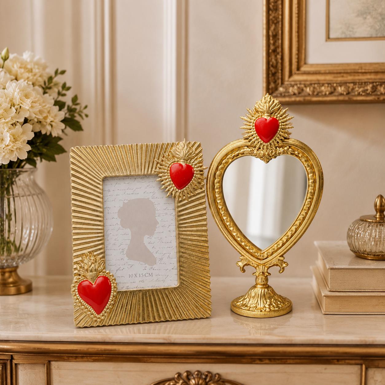 Set Flaming Heart Oro Specchio da Tavolo e Cornice Portafoto