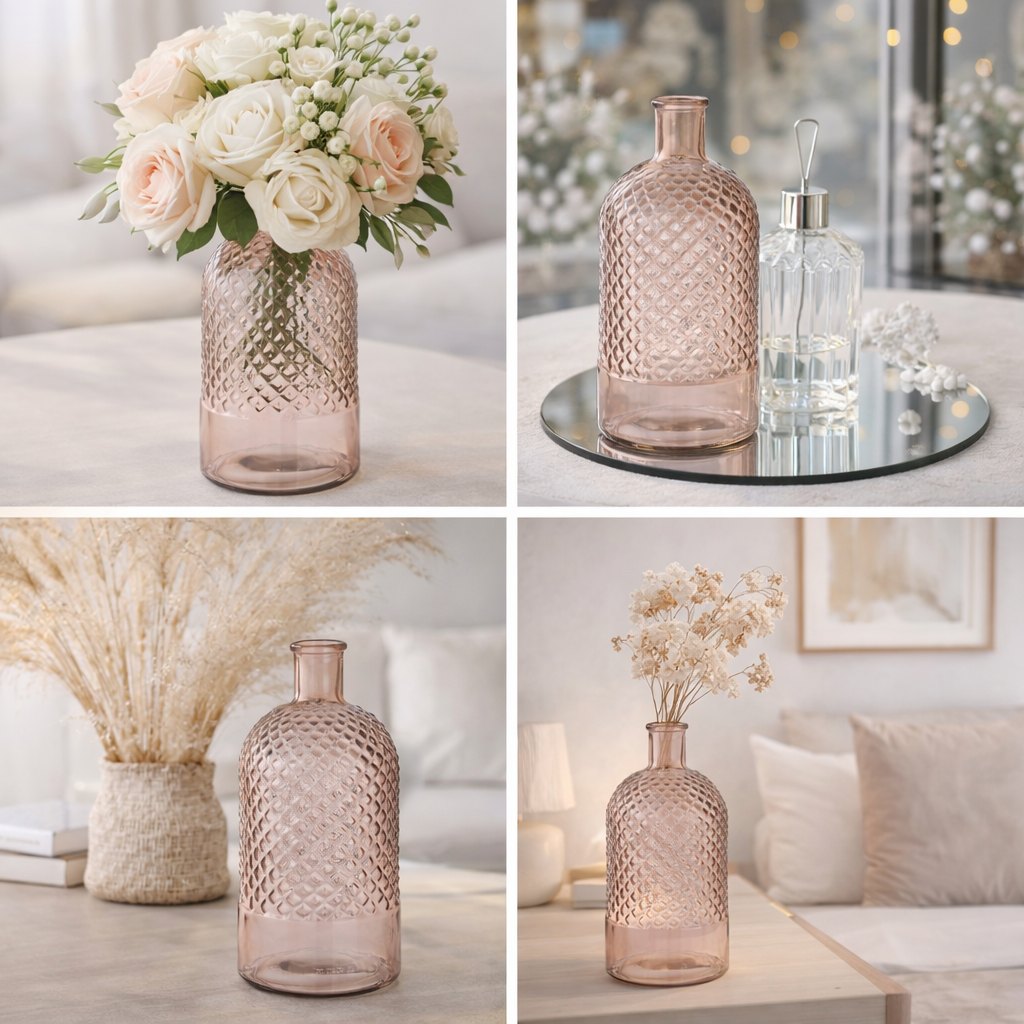 Bottiglia Vaso Decorativa in Vetro Rosa con Texture Avril H28cm