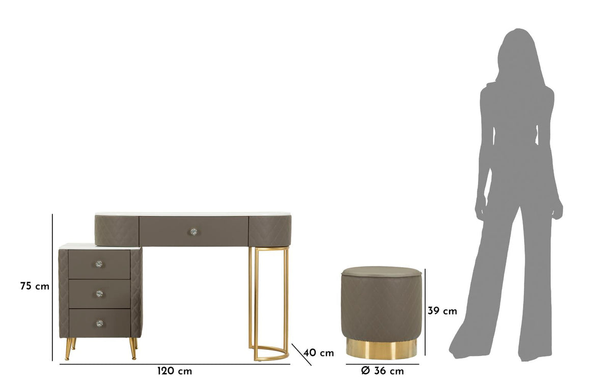 Toeletta Sharon Grigia con Puff 120x40x75 cm Simil Pelle Trapuntata e Oro