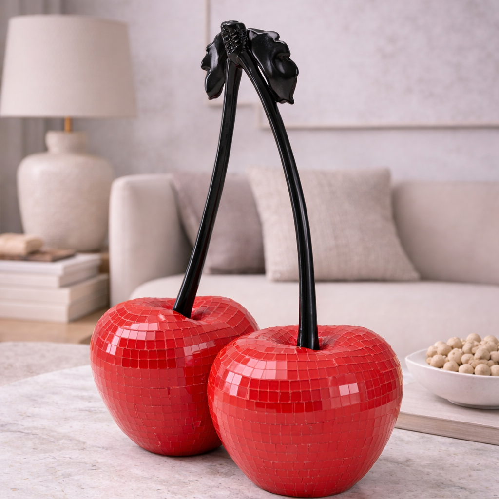 Oggetto Scultura Decorativa Cherries Doppia Ciliegia Rosse Effetto Mosaico