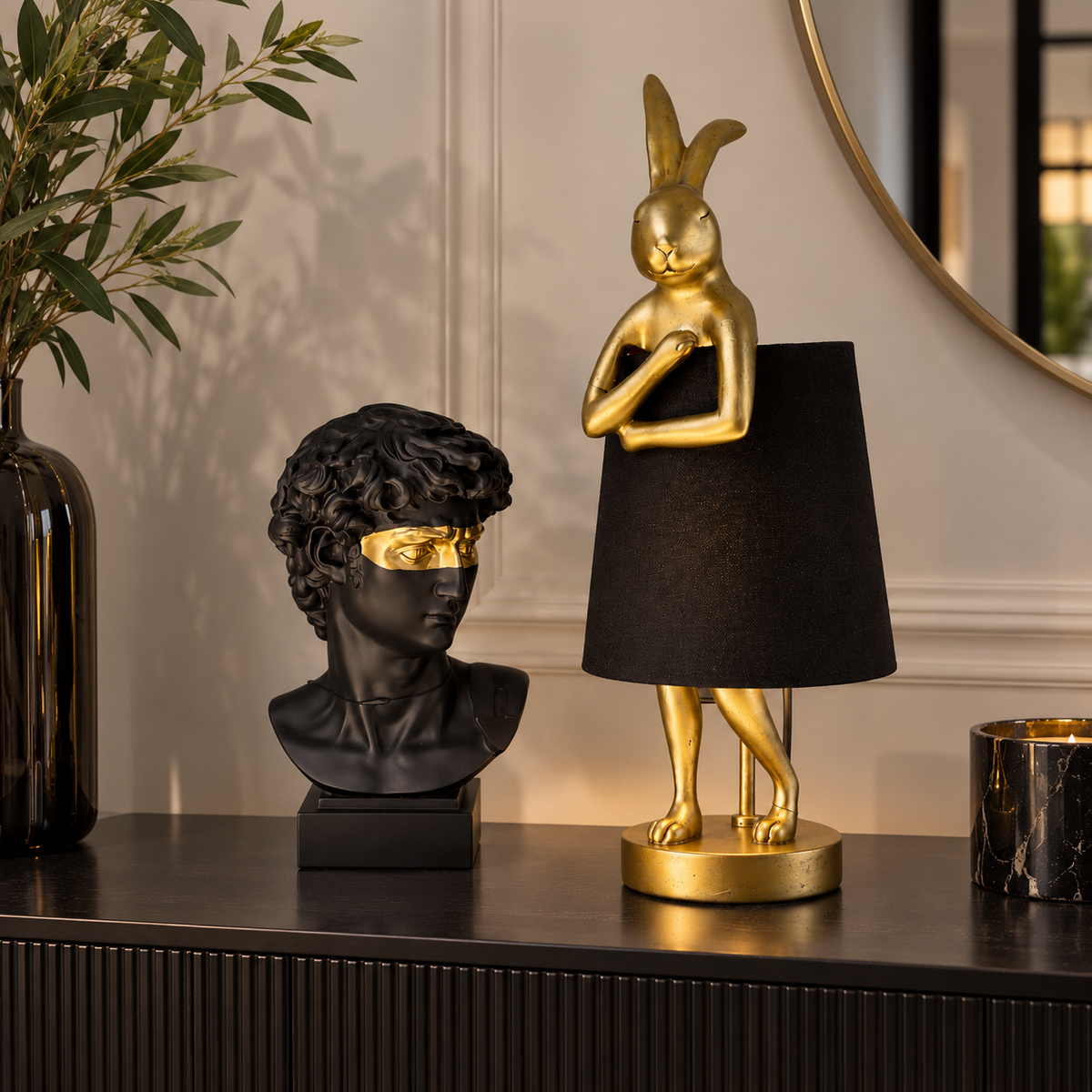 Set Decorativo Glam con Lampada Rabbit Oro 50 cm e Scultura David 30 cm