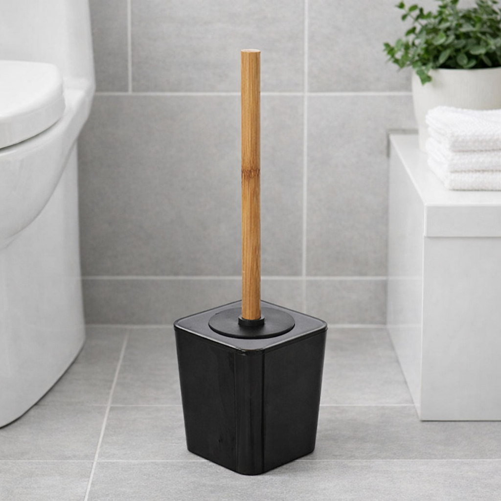 Portascopino WC Nero in Plastica e Bamboo Linea Bamboo